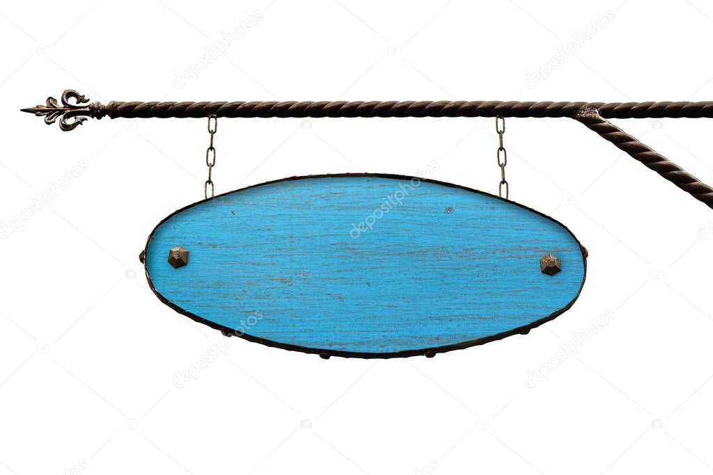 Oval blue wooden signboard. Old wood shop signs without text hanging on the wrought iron structure. Template is isolated on white. 