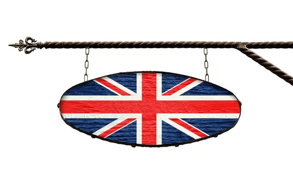 Βρετανική σημαία στην παλιά πινακίδα. Οβάλ πινακίδα χρώματα σημαία Βρετανία κρέμεται σε μια μεταλλική σφυρηλατημένη δομή. Υπόδειγμα που απομονώνεται σε λευκό. — Φωτογραφία Αρχείου