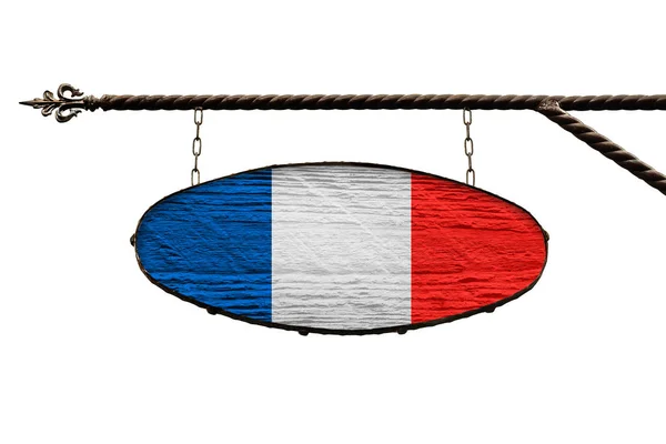 France flag on signboard. Oval sign in colors of flag France hanging on a metal forged design. Template isolated on white. — Stockfoto