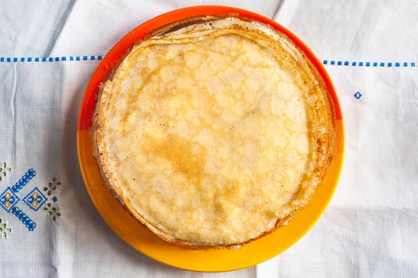 Stack Pancakes Top View Thin Pancakes Plate Traditional Rustic Food — Stock Photo, Image