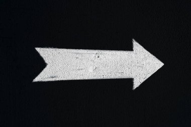 Kara duvardaki ok. Evin alçılı duvarına beyaz bir ok işaretçisi çizilir. Yön göstergesi. Sokakta tabelalar.