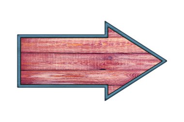 Ok işareti. Tahtalardan tahta kırmızı ok işareti beyaz zemin üzerinde bir çerçeve izole. Tahta tabela. Sokak işaretleri.