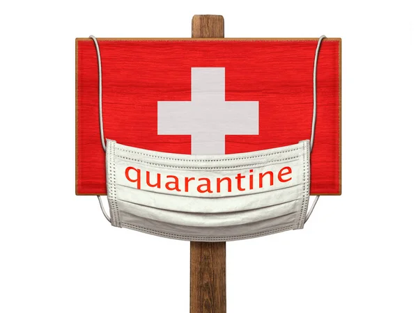 Quarantine Covid Coronavirus Pandemic Switzerland Medical Mask Inscription Quarantine Hangs — Stock Photo, Image