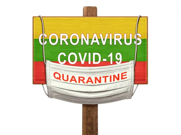 Quarantine Pandemic Coronavirus Covid Lithuania Medical Mask Inscription Quarantine Hangs — Stock Photo, Image