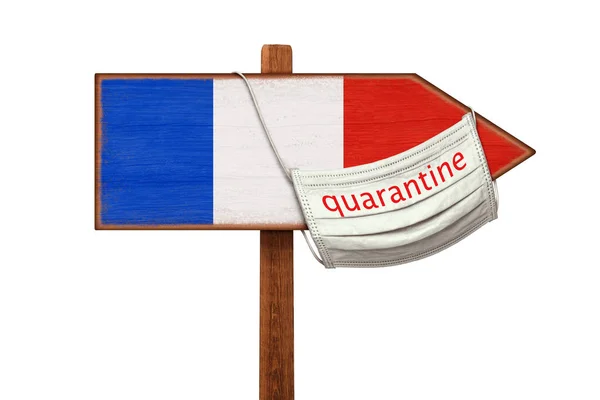 Karanténa Během Pandemie Koronaviru Covid Francii Lékařská Maska Nápisem Quarantine — Stock fotografie