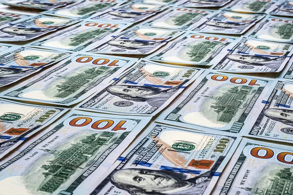 100美元背景 很多钞票 一堆美元钞票A Pile Dollars Bannotes 钱的质感银行和金融概念 — 图库照片