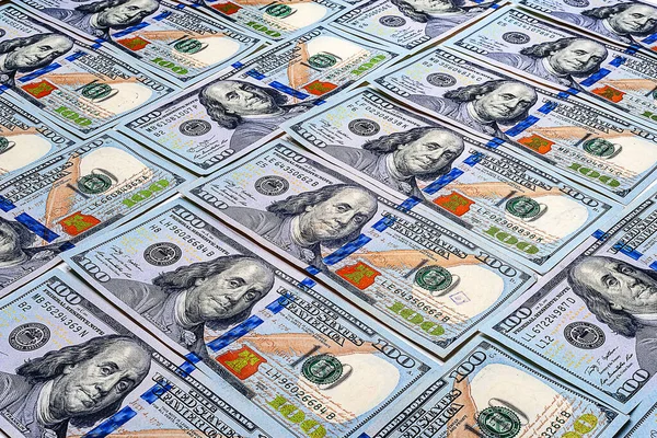 100美元背景 大量的账单 一堆美元钞票A Pile Dollars Bannotes 钱的质感银行和金融概念 — 图库照片