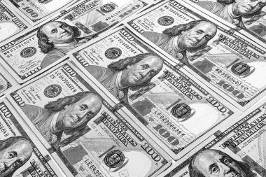Yüz dolar arka plan. Çok sayıda fatura. Bir yığın Amerikan doları banknotları. Para dokusu. Bankacılık ve finansal konsept.