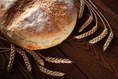 Ev yapımı ekmek. Bir somun yuvarlak köylü ekmeği ve ahşap bir zeminde buğday başakları. Ev yapımı pişirme.. 