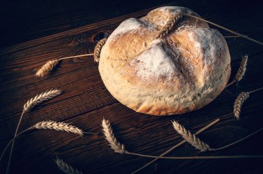 Ev yapımı ekmek. Yuvarlak Köfte Köylü ekmeği ve ahşap arka planda buğday kulakları. Ev yapımı pişirme. Tonu ayarlanmış resim.