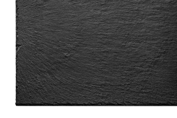 Black slate plate. Black stone slate board. Empty slate surface isolated on white. Texture of the stone.