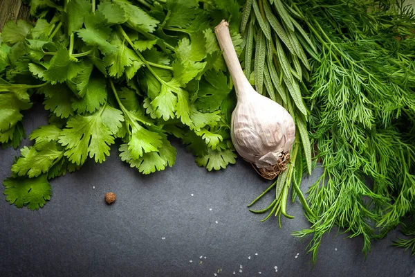 Garlic and fresh herbs on a black slate stone. Organic garlic and fresh green herbs. Fresh spices for pickling. Selective soft focus. Organic healthy food.