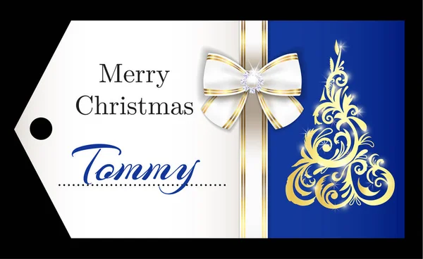 Etiqueta de nombre de Navidad azul de lujo con adorno dorado Árbol de Navidad y cinta blanca — Archivo Imágenes Vectoriales