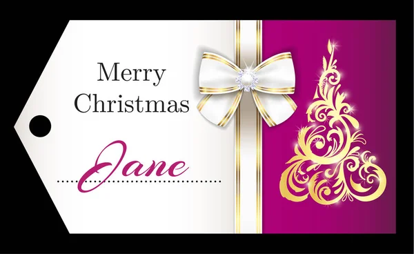 高級紫クリスマス名札の黄金の飾りクリスマス ツリーと白いリボン — ストックベクタ