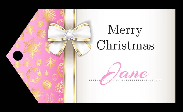Etiqueta con nombre de Navidad rosa de lujo con copos de nieve dorados y cinta blanca — Archivo Imágenes Vectoriales