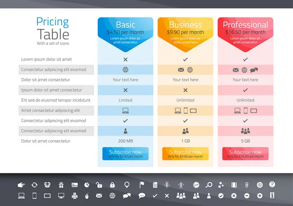 Tableau des prix léger avec 3 options. Ensemble d'icônes inclus — Image vectorielle