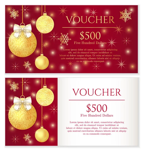 Luxe rode kerst voucher met gouden kerstballen — Stockvector