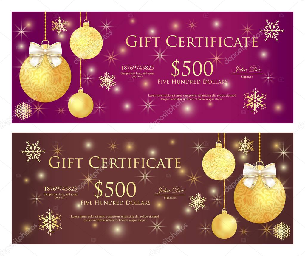 Purple and brown gift certificate with golden Christmas balls and sparkling background