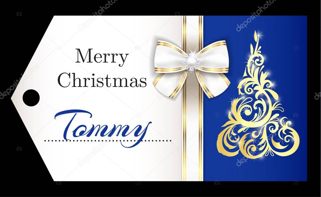 Luxury blue Christmas name tag with golden ornament Christmas tree and white ribbon