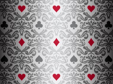 Çiçek süsleme desen tarafından çevrili poker sembolleri ile Gümüş arka plan