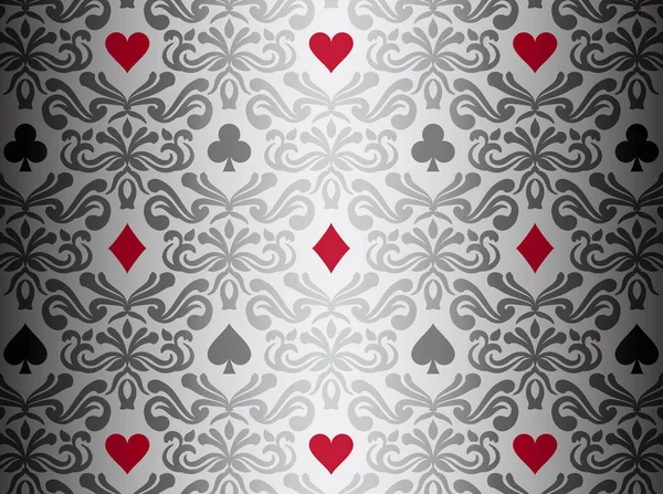 Silberner Hintergrund mit Poker-Symbolen, umgeben von floralem Ornamentmuster — Stockvektor