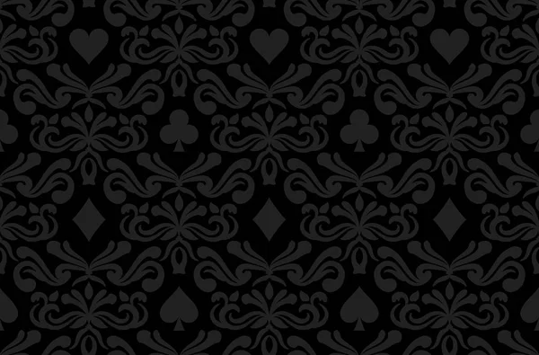 Fond noir sans couture avec des symboles de poker entourés de motifs d'ornement floral — Image vectorielle