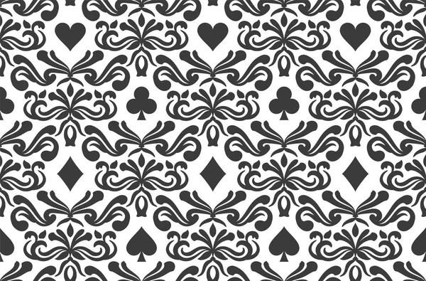 Fondo sin costuras con símbolos de póquer rodeados de adornos florales — Vector de stock