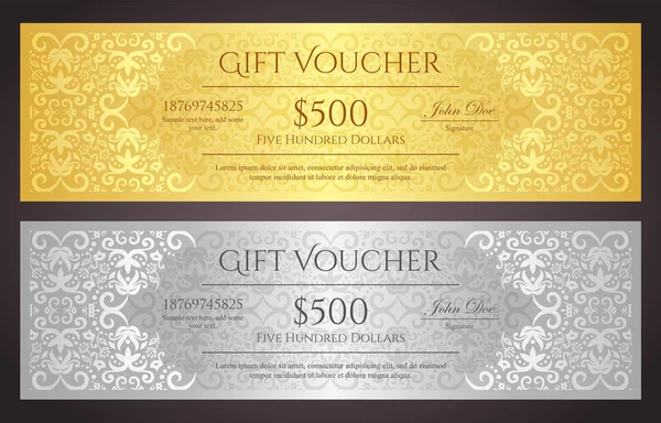 Luxury golden and silver gift voucher with vintage ornament pattern — Stock Vector