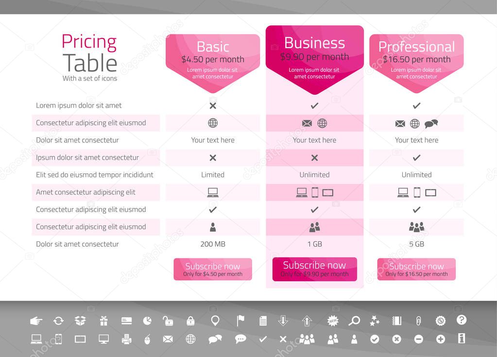 Light pricing table in pink color with 3 options. Icon set included