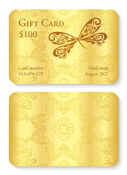 Luxo cartão de presente dourado com ornamento libélula. Lado da frente com texto, lado de trás com decoração ornamento círculo — Vetor de Stock