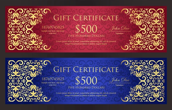 Certificado de presente vermelho e azul de luxo com padrão de ornamento dourado vintage — Vetor de Stock