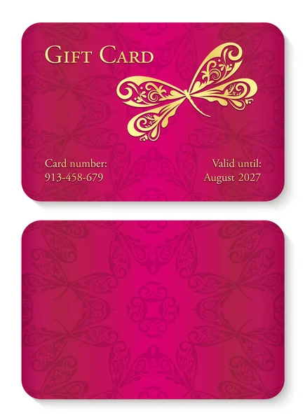 Роскошная фиолетовая подарочная карта с орнаментом стрекозы. Передняя сторона с золотистым рельефом; задняя сторона с орнаментом круга — стоковый вектор