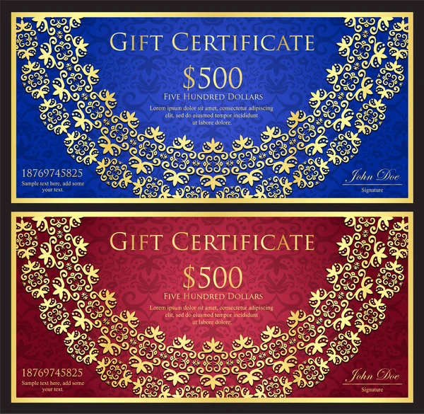 Luxury blue and red gift certificate with rounded golden lace decoration and vintage background — Stock Vector