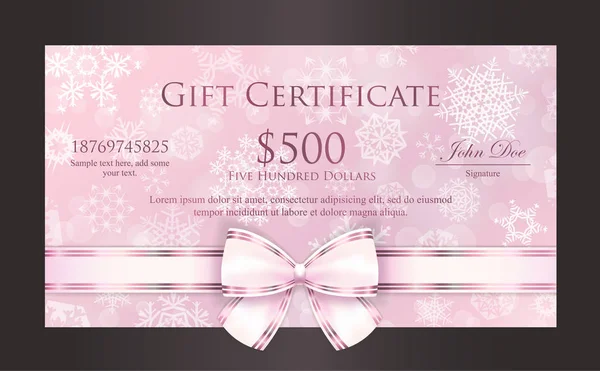 Certificado de regalo de Navidad rosa de lujo con copos de nieve blancos y cinta rosa — Vector de stock