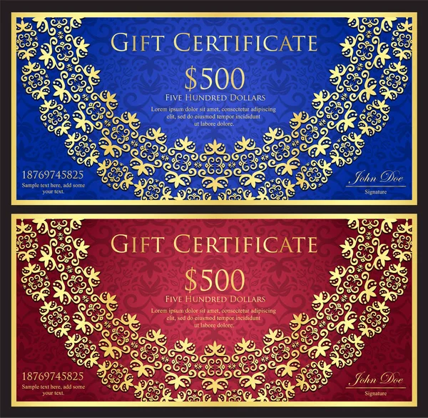 Yuvarlak altın dantel dekorasyon ve vintage arka plan ile lüks mavi ve kırmızı hediye sertifikası Stok Illüstrasyon