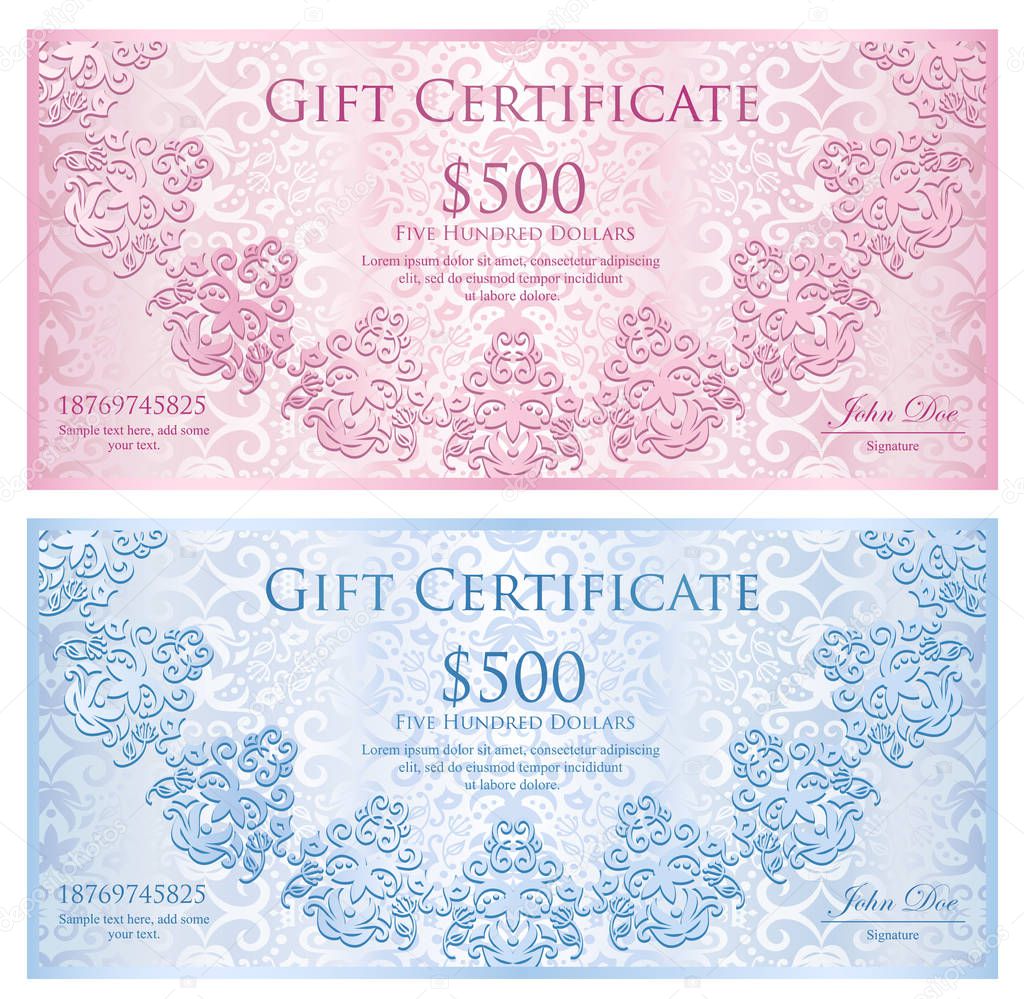 Luxury quartz pink and baby blue gift certificate with rounded lace decoration and vintage background