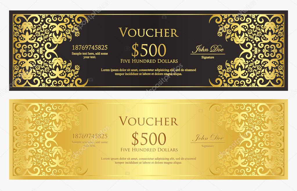 Luxury black and golden gift certificate with vintage ornament pattern