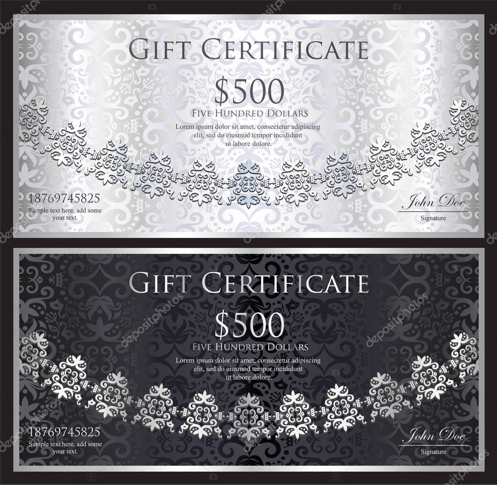 Luxury silver and black gift certificate with rounded lace decoration and vintage background