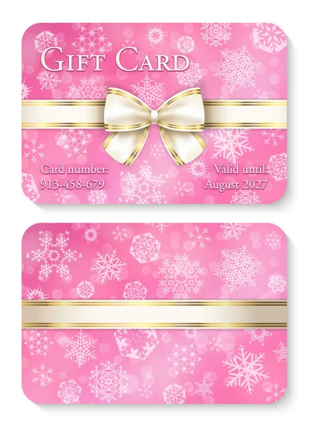 Tarjeta de regalo de Navidad de cuarzo rosa de lujo con copos de nieve blancos en fondo y cinta de crema como decoración — Archivo Imágenes Vectoriales
