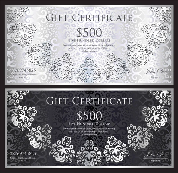 Роскошный серебряный и черный подарочный сертификат с закругленным кружевом украшения и винтажного фона Стоковая Иллюстрация