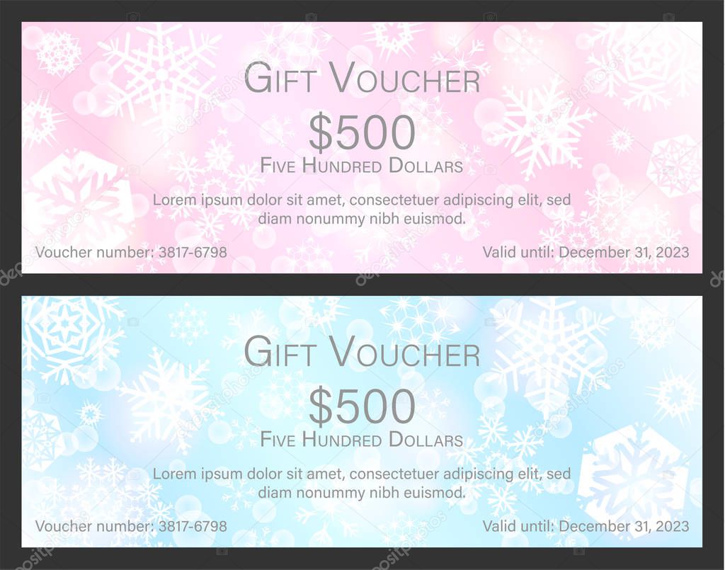 Tender pink and blue Christmas gift voucher with white snowflakes in background