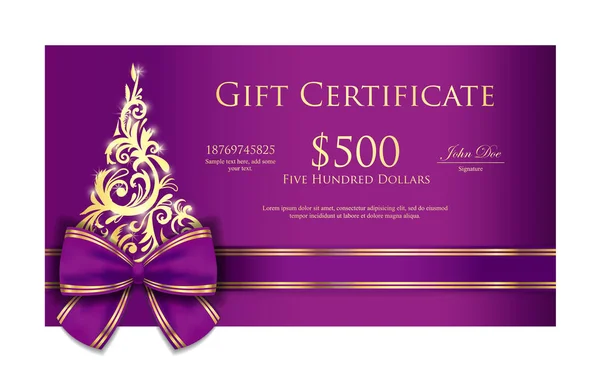 Certificat cadeau de Noël de luxe avec ruban violet et ornement sapin de Noël — Image vectorielle