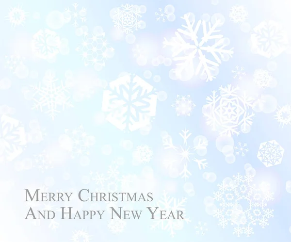 Postal de Navidad tierna con copos de nieve blancos sobre fondo azul bebé — Archivo Imágenes Vectoriales