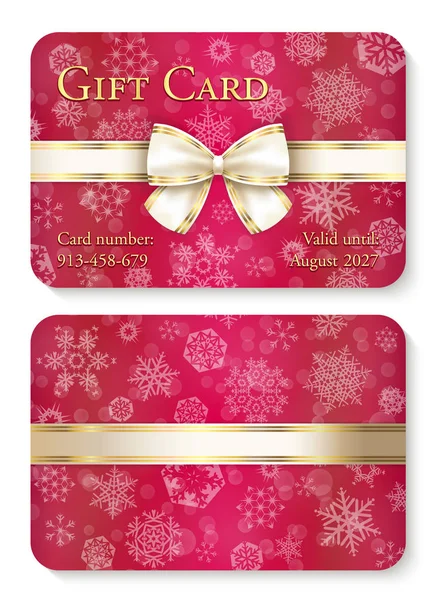 Luksusowych czerwony Boże Narodzenie prezent karty z białe płatki śniegu w tle i krem wstążki jako ozdoba — Wektor stockowy