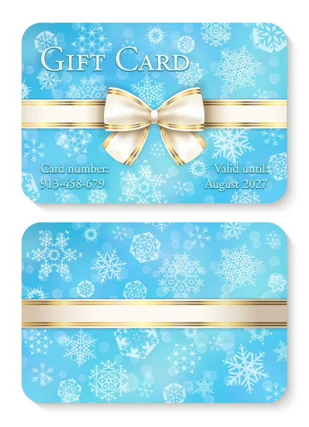 Tarjeta de regalo de Navidad azul bebé de lujo con copos de nieve blancos en el fondo y cinta de crema como decoración — Archivo Imágenes Vectoriales