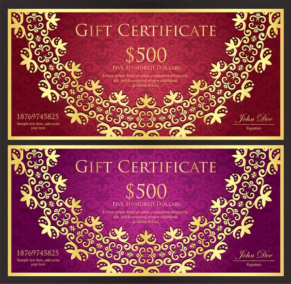 Luxury red and purple gift certificate with rounded golden lace decoration and vintage background — Stock Vector