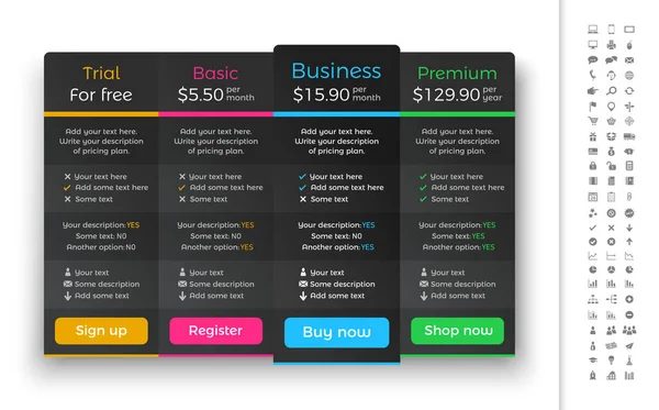 Dark pricing table with 4 plans and one recommended option — Stock Vector