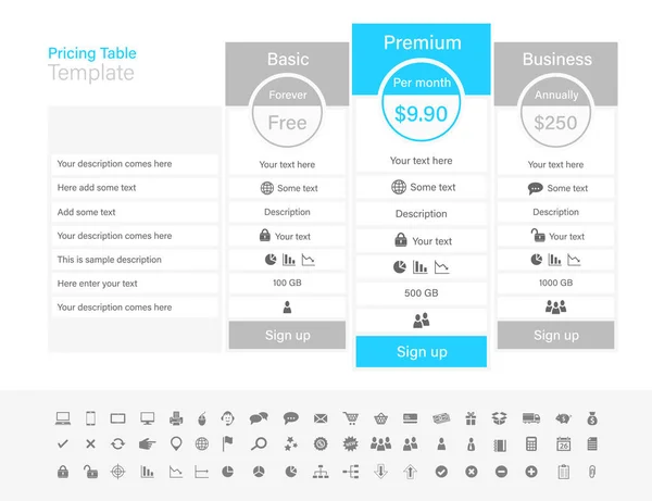 Pricing table with 3 plans and one recommended. Light grey and light blue colour scheme. Stock Vector