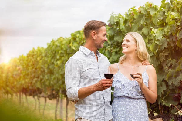Couple drinking in vineyard — Stock Photo, Image