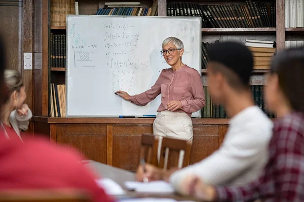 Teacher explaining maths to university class — 图库照片